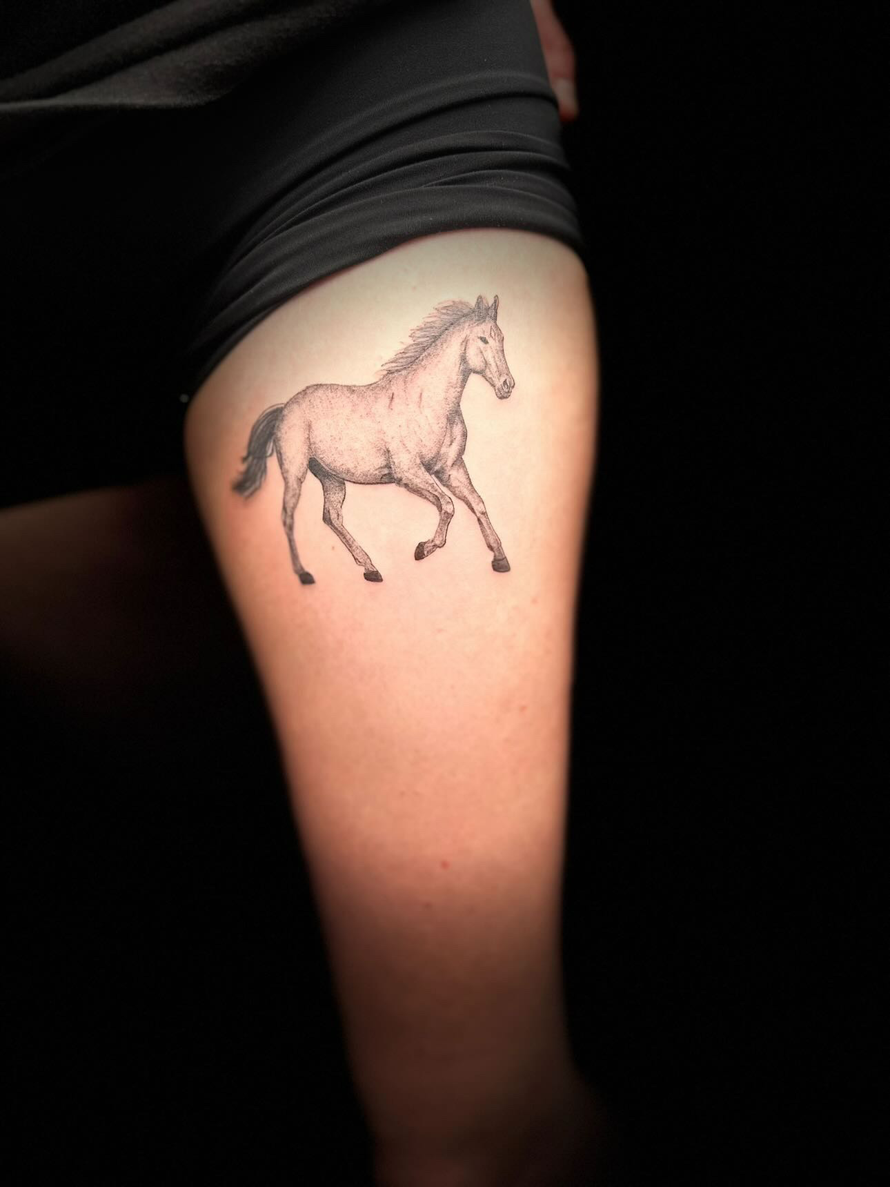 Illustrative horse thigh tattoo