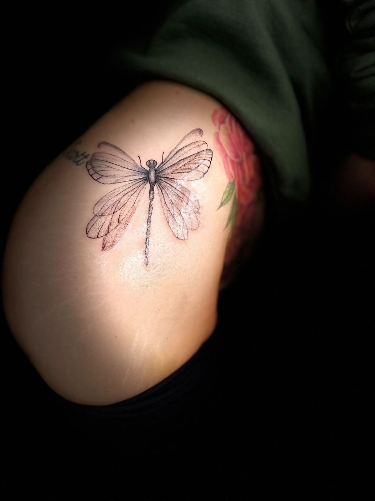 Dragonfly and rose shoulder tattoo